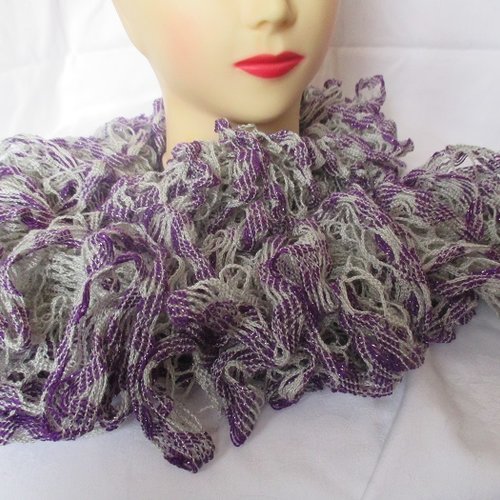 Écharpe en laine fantaisie grise et violette avec petits points brillants, cadeau femme