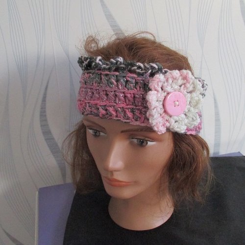 Bandeau en laine rose avec une fleur pour fillette ou adulte, headband rose