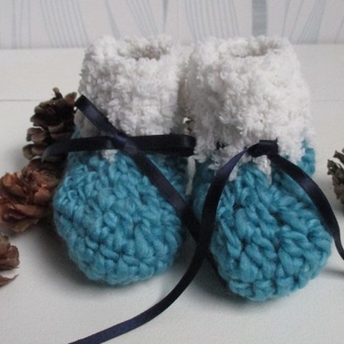 Chaussons bottines bébé en laine bleu vert 9/12 mois au crochet