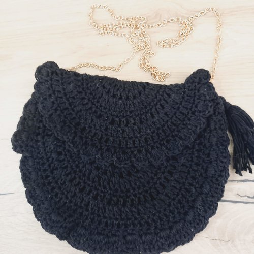 Grande pochette noire au crochet à porter en bandoulière, sac à main au crochet