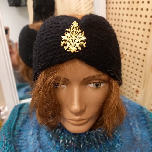 Bandeau femme en laine noire avec strass