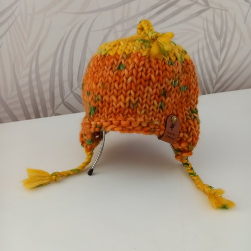 Bonnet bébé laine jaune et orange avec oreilles tricoté main