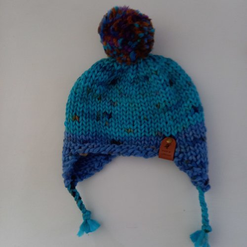 Bonnet enfant laine bleu avec oreilles