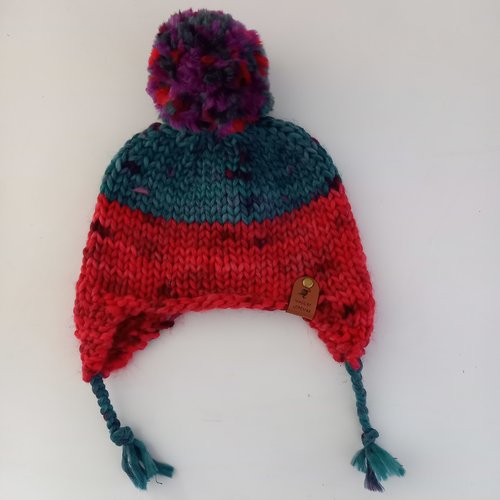 Bonnet enfant laine rouge vert avec oreilles