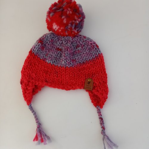 Bonnet enfant laine rouge et grise avec oreilles
