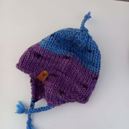 Bonnet péruvien adulte bleu et violet en laine tricoté main