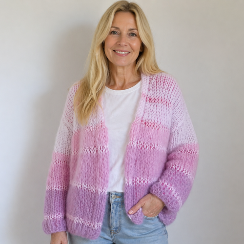 Gilet femme laine rose mohair tricoté main