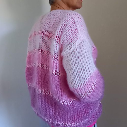 Gilet femme laine rose mohair tricoté main