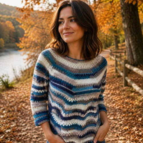 Pull au crochet fait main, manches 3/4, bleu turquoise, bleu marine, écru et beige taupe