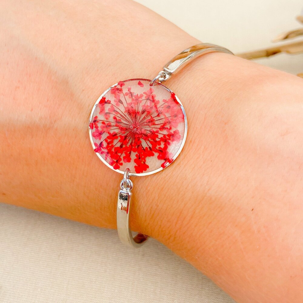 Bracelet argent inclusion de la fleur dentelle de la reine anne séchée  rouge cadeau de fête des mères pour elle - Un grand marché