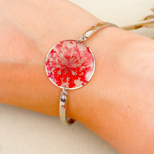 Bracelet argent inclusion de la fleur dentelle de la reine anne séchée rouge cadeau de fête des mères pour elle