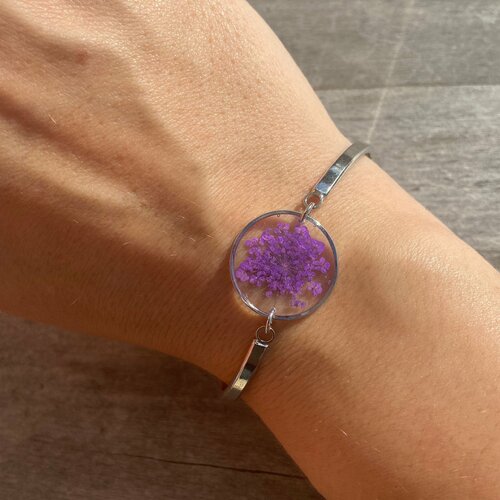 Purple queen anne dentelle fleur argent bracelet couleur pressé fleur cadeau de la fête des mères pour son