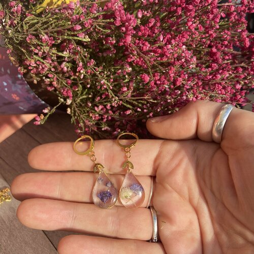 Boucles d'oreilles inclusion de gypsophile violet cadeau fête des mères pour elle