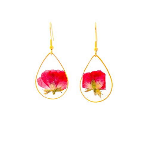 Boucles d’oreilles de chute de couleur d’or rose avec le vrai cadeau de fête des mères de fleur pour elle