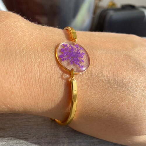 Purple queen anne dentelle fleur bracelet couleur or pressé fleur cadeau de la fête des mères pour son