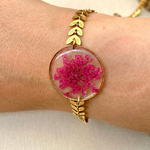 Bracelet feuilles d'or inclusion de la fleur de dentelle de la reine anne rose cadeau pour elle