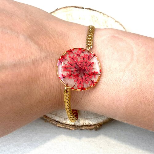 Bracelet argent inclusion de la fleur dentelle de la reine anne séchée rouge cadeau de fête des mères pour elle