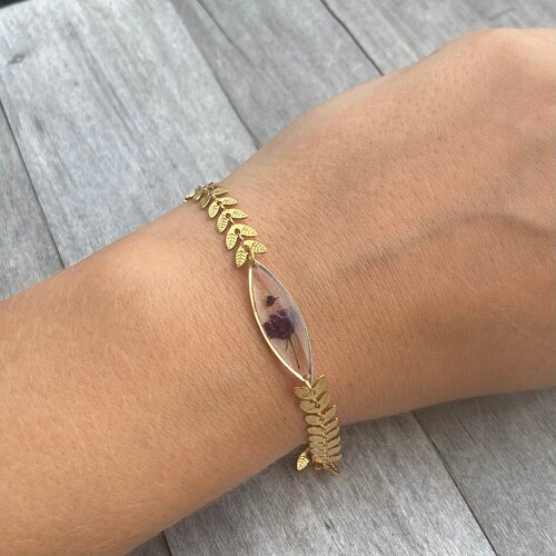 Cadeau de maman de plante de bracelet de gypsophilie violet en acier inoxydable de couleur or pour cadeau de fête des mères pour elle