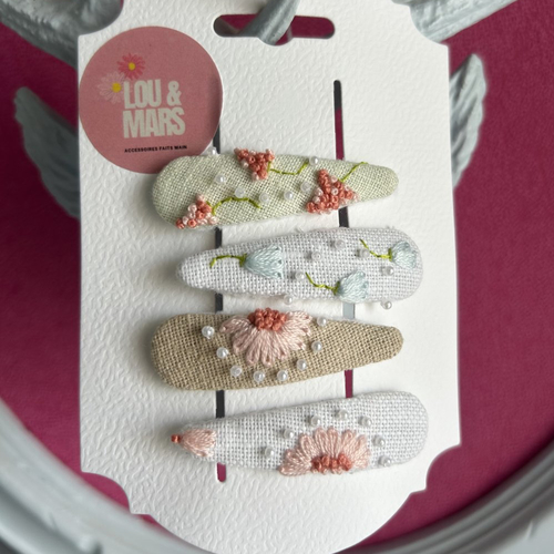 Barrettes bébé brodées à la main, lin et feutrine, accessoires cheveux enfant, idée cadeau naissance