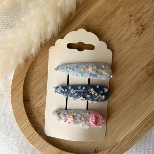 3 barrettes bébé brodées à la main, lin et feutrine, accessoires cheveux enfant, idée cadeau naissance