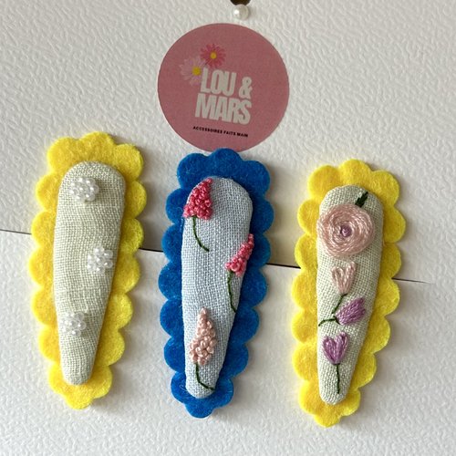 Barrettes bébé brodées à la main, lin et feutrine,3 accessoires cheveux enfant, idée cadeau naissance