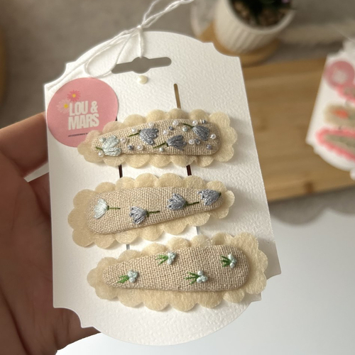 Barrettes bébé brodées à la main, lin et feutrine,3 accessoires cheveux enfant, idée cadeau naissance