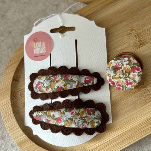 Ensemble 2 barrettes et élastique cheveux bouton – coton et feutrine faits main – accessoire bébé fille