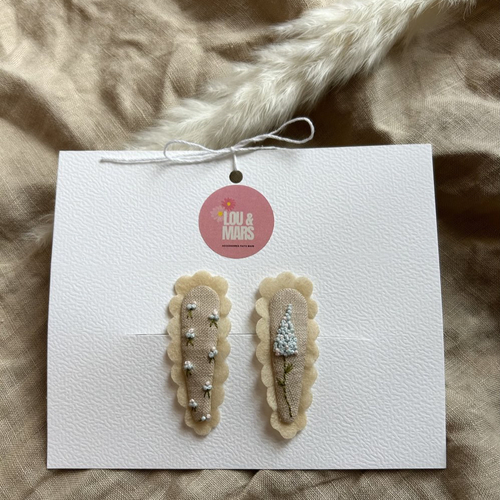 Barrettes bébé brodées à la main, lin et feutrine,3 accessoires cheveux enfant, idée cadeau naissance