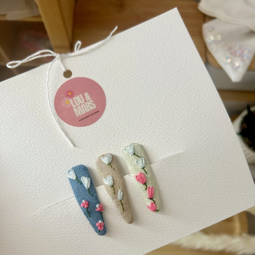 Barrettes bébé brodées à la main, lin et feutrine,3 accessoires cheveux enfant, idée cadeau naissance