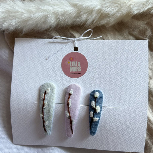 3 barrettes bébé brodées à la main, lin et feutrine, accessoires cheveux enfant, idée cadeau naissance