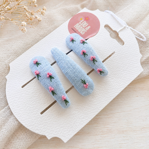 3 barrettes bébé brodées à la main, lin et feutrine, accessoires cheveux enfant, idée cadeau naissance