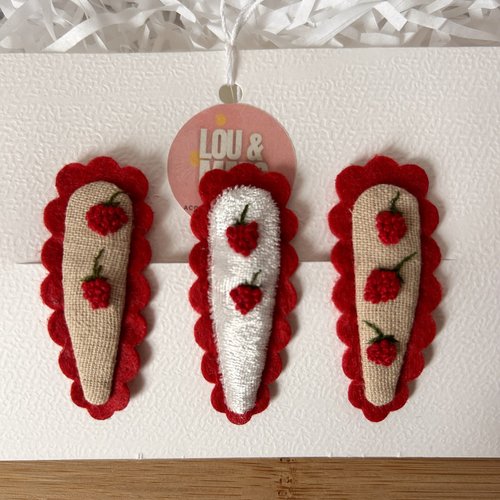 Barrettes bébé brodées à la main, lin et feutrine,3 accessoires cheveux enfant, idée cadeau naissance