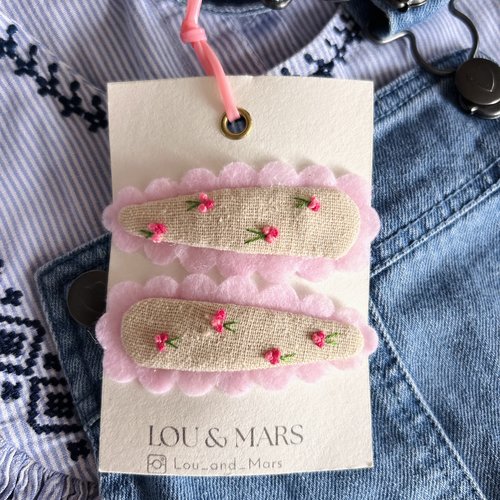 Barrettes bébé brodées à la main, lin et feutrine,3 accessoires cheveux enfant, idée cadeau naissance