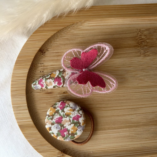 Ensemble barrette et élastique cheveux bouton – fait main en coton et feutrine – accessoire bébé fille cadeau