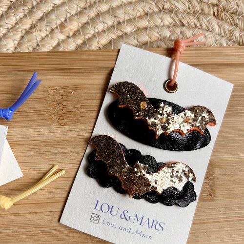 Barrettes chauve-souris halloween en simili cuir pailleté – set de 2 – fait main