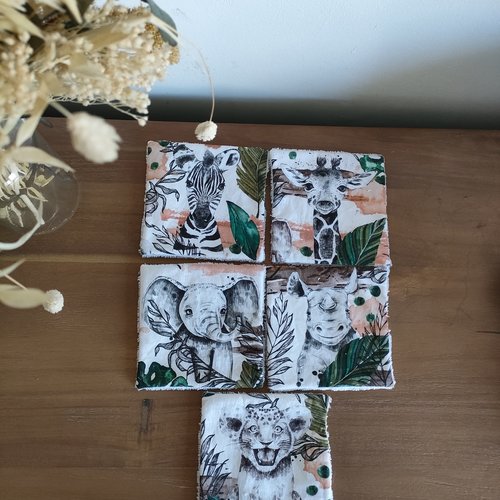 Lot de 5 lingettes réutilisables animaux de la savane