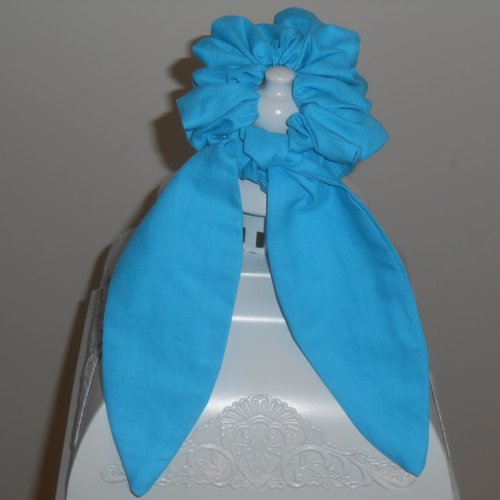 Chouchou foulard foulchie scrunchies long en tissu bleu lagon turquoise uni