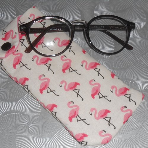 Pochette lunettes étui rangement en tissu écru imprimé flamants roses