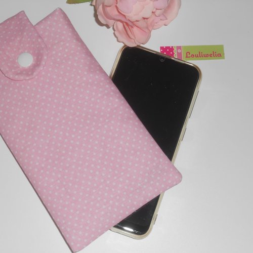 Pochette housse smartphone étui de rangement téléphone portable tissu rose petits pois blancs romantique sonia
