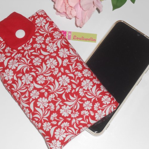 Pochette housse smartphone étui de rangement téléphone portable tissu rouge imprimé fleurs blanches