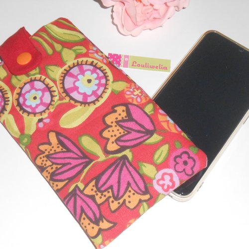 Pochette housse smartphone étui de rangement téléphone portable tissu rouge imprimé fleurs colorées