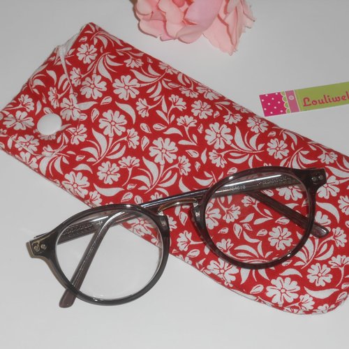 Pochette lunettes étui housse de rangement en tissu rouge imprimé fleurs blanches