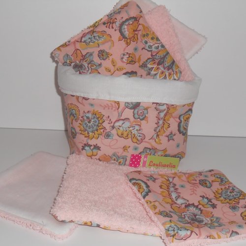 Panière + 6 lingettes lavables démaquillantes / débarbouillante en coton rose imprimé fleurs