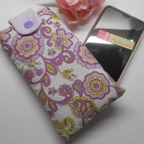 Pochette housse smartphone étui de rangement téléphone portable tissu imprimé fleurs tons violet / mauve