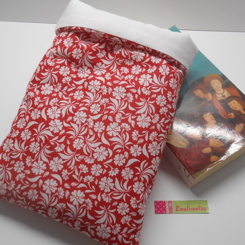 Pochette livre de poche housse épaisse de rangement et de protection en tissu rouge imprimé fleurs blanches