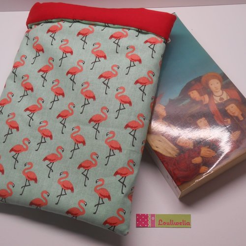 Pochette livre de poche housse épaisse de rangement et de protection en tissu vert eau imprimé flamants roses