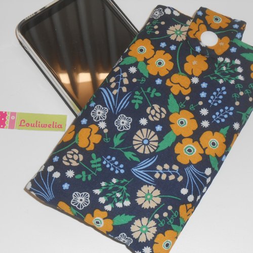 Pochette housse smartphone étui de rangement téléphone portable tissu marine imprimé fleurs