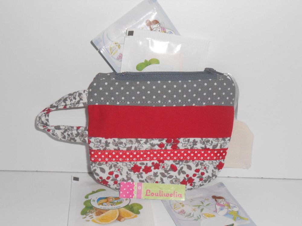 Petite trousse tasse sachet thé tisane ou porte monnaie en tissu rouge et  gris - Un grand marché