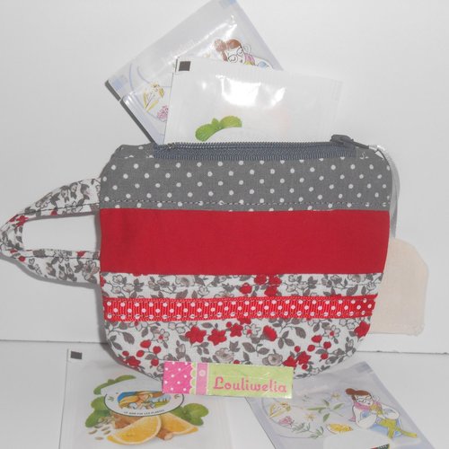 Petite trousse tasse sachet thé tisane ou porte monnaie en tissu rouge et gris