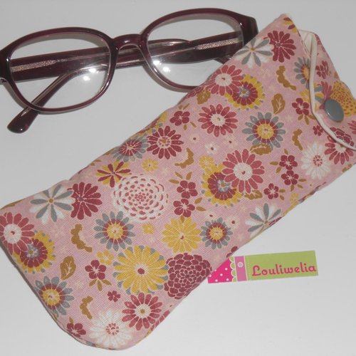 Pochette lunettes étui housse de rangement en tissu japonais rose imprimé fleurs
